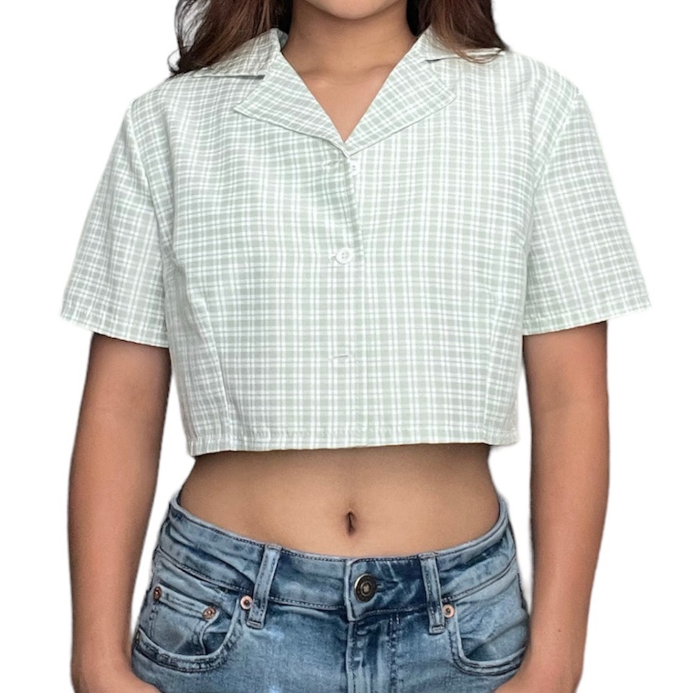 Romwe cropped green plaid crop top